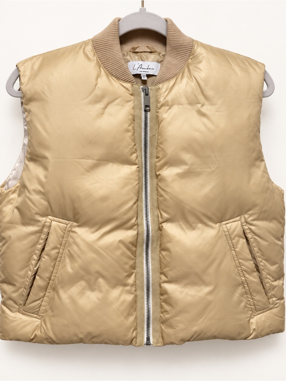 L’Academie Champagne Satin Puffer Bomber Vest XXS